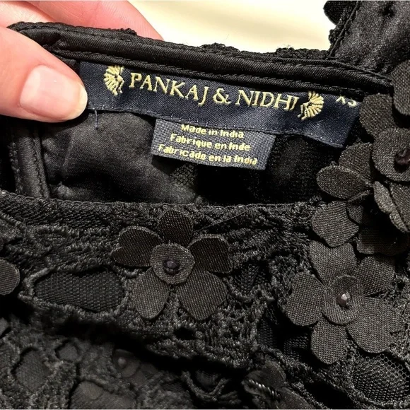 Anthropologie Pankaj & Nidhi Black Floral Appliqué Lace Mini Dress Size XS - Picture 5 of 7